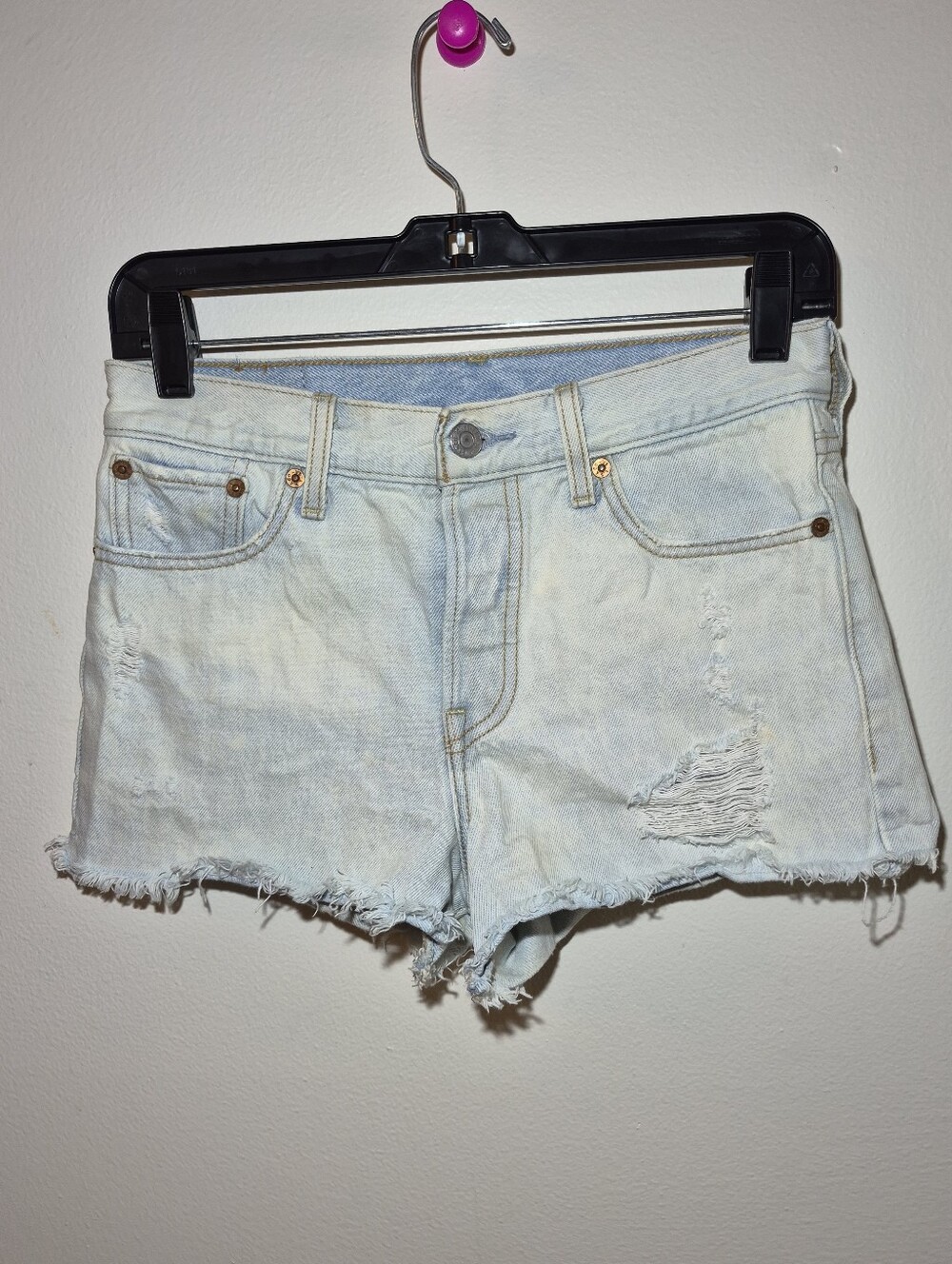 26) Levi's Light Wash Raw Hem Zip Fly Denim Shorts